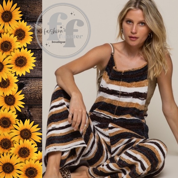 POL Striped One Piece Wide Leg Tie Strap Pocket Sweater Onesie Jumpsuit Overalls - Picture 4 of 6